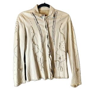 Nigel Preston Cream Light Tan Distressed Cut-Outs Button-up Leather Jacket Sz M